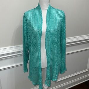 Le Moda Sheer Teal Blue Green Open Front Cardigan Sweater sz XXXL